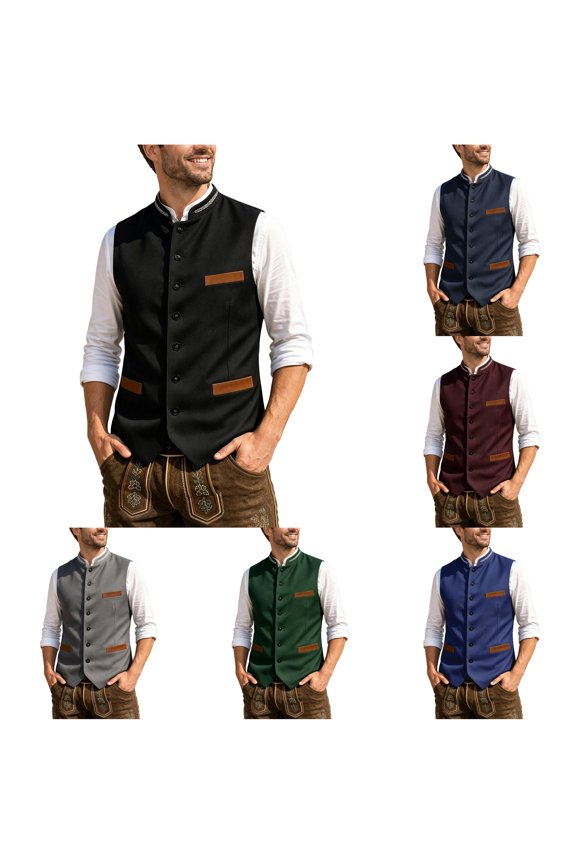 Men's Wheat Embroidery Contrast Pocket Vest Mandarin Collar Slim Waist Coat Oktoberfest Bar Sleeveless Jacket