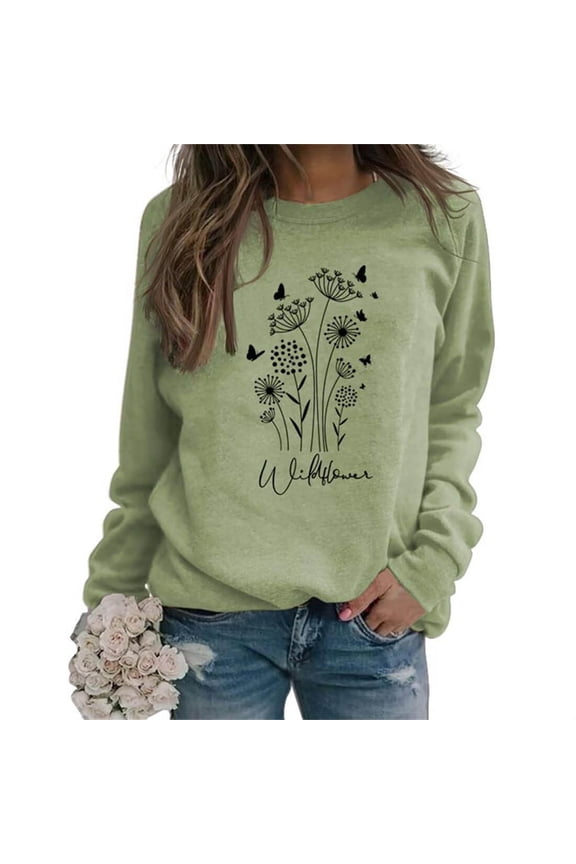 Men's Wildflower Floral Letter Graphic Sweatshirt Oversized Long Sleeve Crew Neck Pullover Soft Boho Casual Sweatshirts