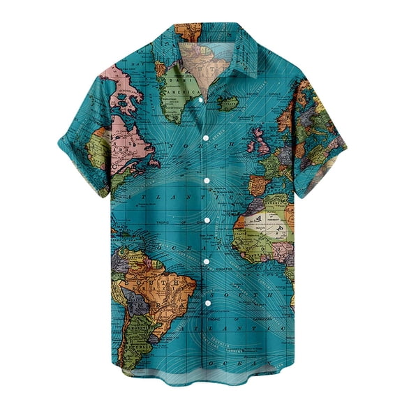 XIAOCHA Men's World Map Shirt Short Sleeve Vacation Casual Button Down