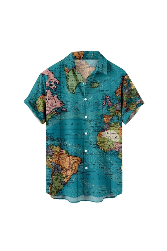 Men's World Map Shirt Short Sleeve Vacation Casual Button Down