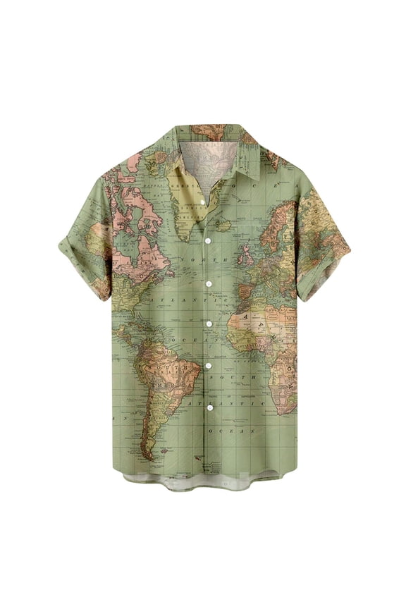 Men's World Map Shirt Short Sleeve Vacation Casual Button Down