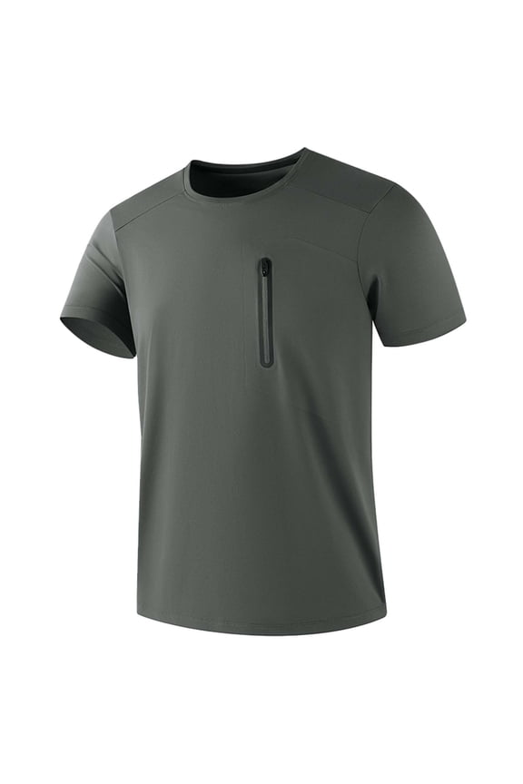 Men's Zipper Pocket Performance T Shirt Short Sleeve Crewneck Pullover Top Breathable Athletic Outdoor Tees