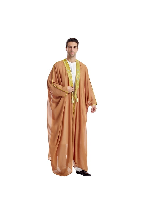 Mens Arabic Bisht Robe Loose Fit Long Sleeve Gold Trimmed Traditional Elegant formal Thobes