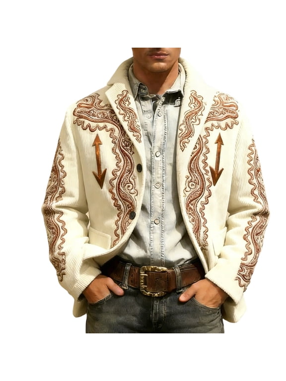 Mens Arrow Embroidery Turn-Down Collar Jacket Button Front Western Travel Relaxed Casual Outerwear Coat