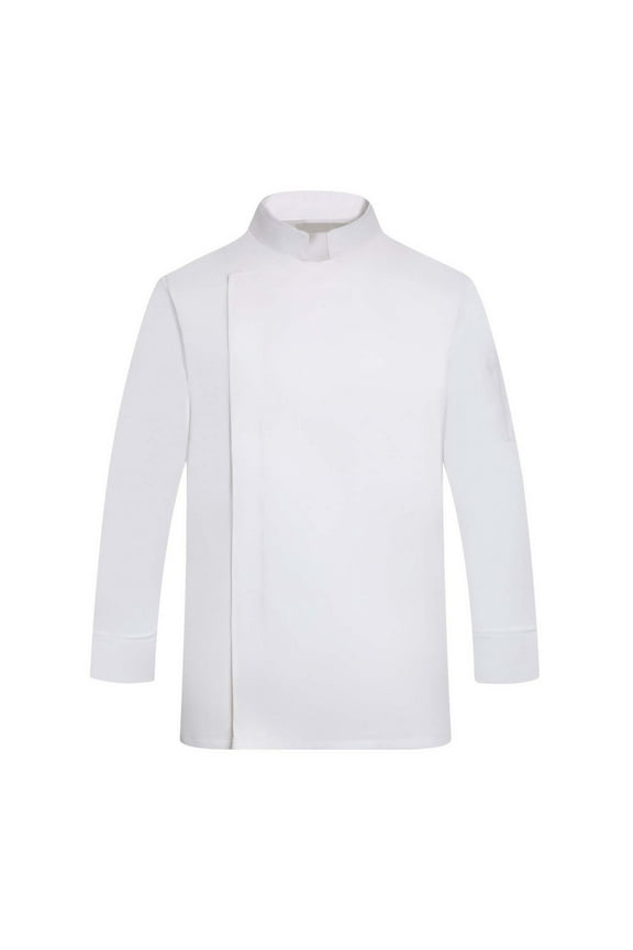 Mens Asymmetric Placket Chef Coat Long Sleeve Stand Collar Button Up Jacket Stretchy Professional Kitchen Jackets
