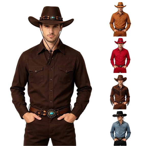 XIAOCHA Mens Beaded‑Band Cowboy Hat Solid Wide‑Brim Hat Western Rodeo Hat,Coffee