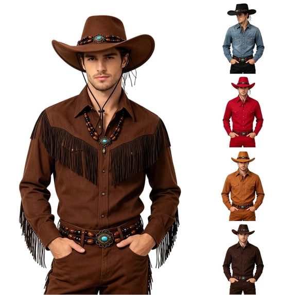 XIAOCHA Mens Beaded‑Band Cowboy Hat Solid Wide‑Brim Hat Western Rodeo Hat,Khaki