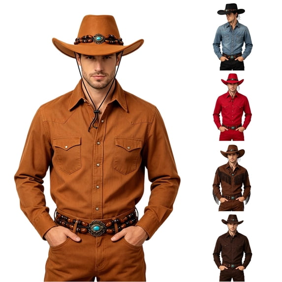 XIAOCHA Mens Beaded‑Band Cowboy Hat Solid Wide‑Brim Hat Western Rodeo Hat,Yellow
