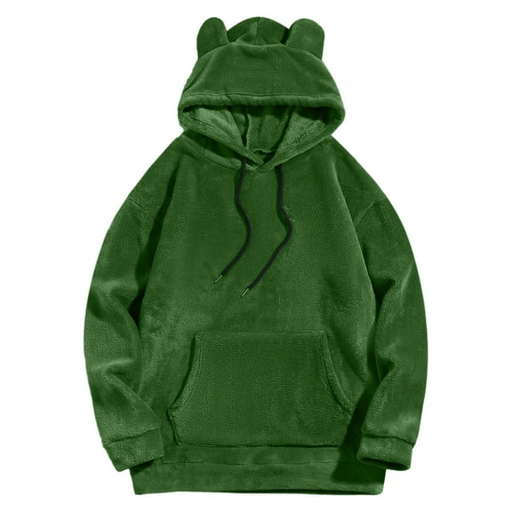 XIAOCHA Mens Bear Ear Coral Fleece Hoodies Oversized Cute Drawstring Top Winter Outdoor Warm Hoodie With Pocket