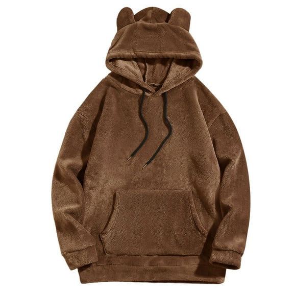 XIAOCHA Mens Bear Ear Coral Fleece Hoodies Oversized Cute Drawstring Top Winter Outdoor Warm Hoodie With Pocket