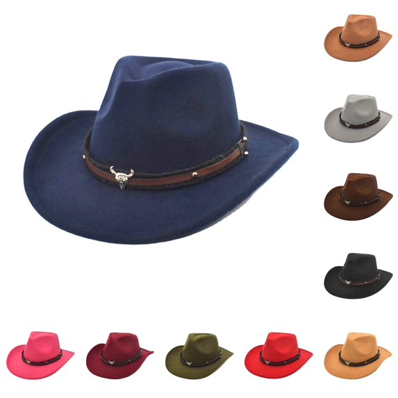 XIAOCHA Mens Bull‑Skull‑Ornament Cowboy Hat Solid Shapeable‑Brim Western Hats Rodeo‑Event Wide Brim Western Hat,Navy