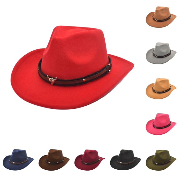 XIAOCHA Mens Bull‑Skull‑Ornament Cowboy Hat Solid Shapeable‑Brim Western Hats Rodeo‑Event Wide Brim Western Hat,RD1