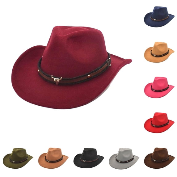 XIAOCHA Mens Bull‑Skull‑Ornament Cowboy Hat Solid Shapeable‑Brim Western Hats Rodeo‑Event Wide Brim Western Hat,RD2