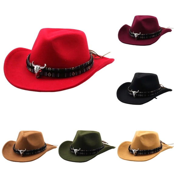 XIAOCHA Mens Bull Skull Ornament Western Cowboy Hat Woven Strap Wide Brim Felt Fedora