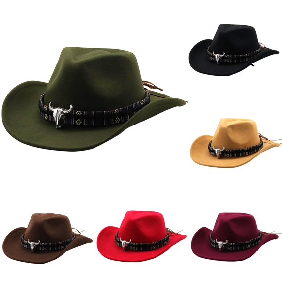 XIAOCHA Mens Bull Skull Ornament Western Cowboy Hat Woven Strap Wide Brim Felt Fedora