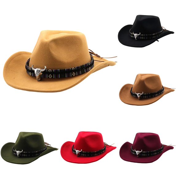 XIAOCHA Mens Bull Skull Ornament Western Cowboy Hat Woven Strap Wide Brim Felt Fedora