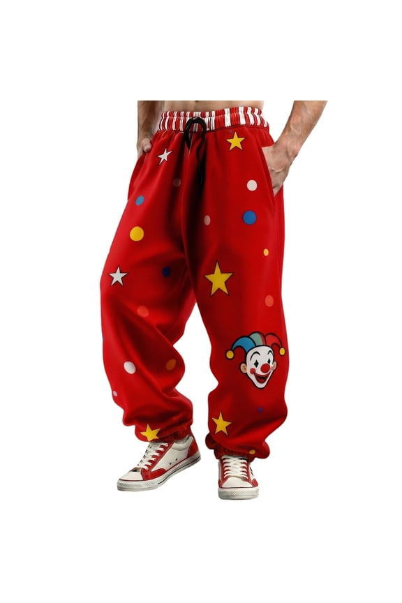 Mens Clown Star Print Pant Baggy Full Length Drawstring Waist Sweatpant Cozy Playful Party Pants