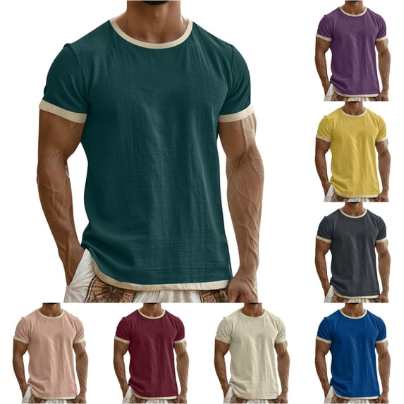 XIAOCHA Mens Contrast Short Sleeve T Shirt Solid Crew Neck Basic Casual Tees