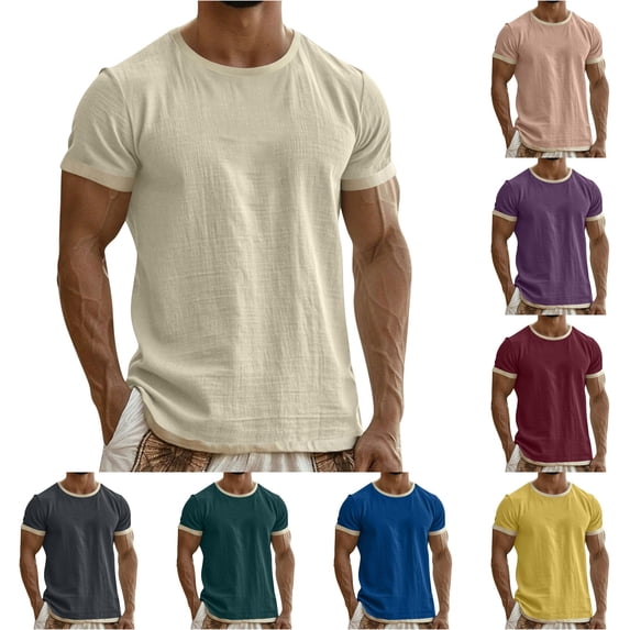 XIAOCHA Mens Contrast Short Sleeve T Shirt Solid Crew Neck Basic Casual Tees