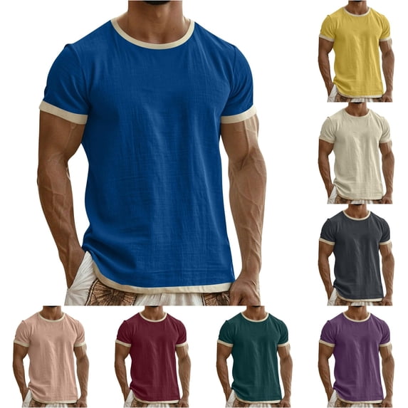 XIAOCHA Mens Contrast Short Sleeve T Shirt Solid Crew Neck Basic Casual Tees