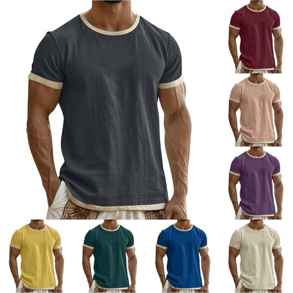 XIAOCHA Mens Contrast Short Sleeve T Shirt Solid Crew Neck Basic Casual Tees