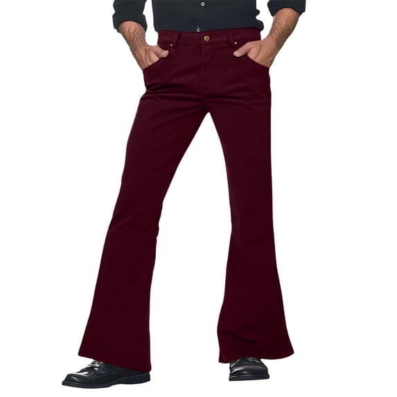 XIAOCHA Mens Corduroy Flare Pant Flared Leg Full Length Button Waist Trouser Soft Retro Disco Pants