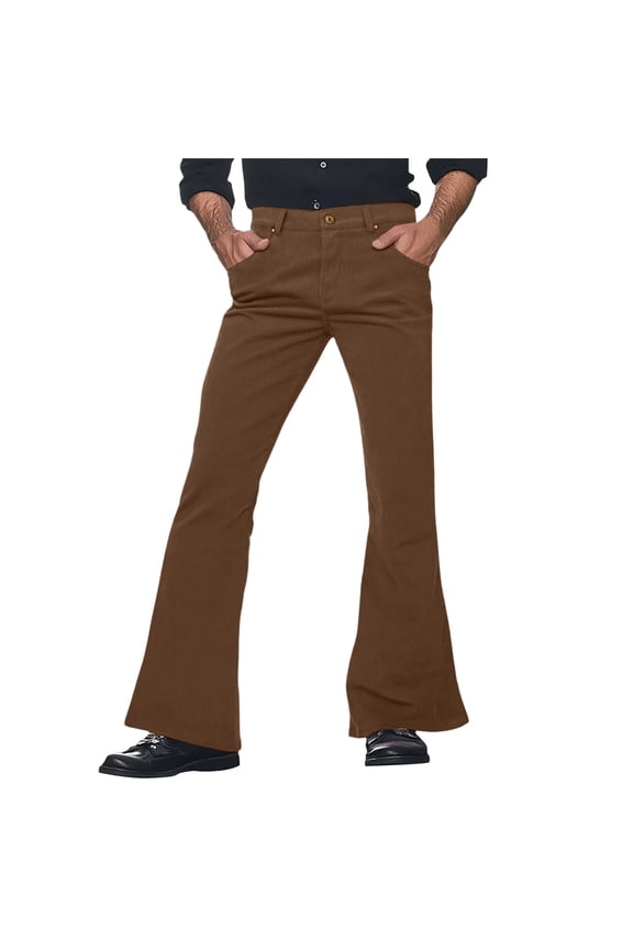 Mens Corduroy Flare Pant Flared Leg Full Length Button Waist Trouser Soft Retro Disco Pants