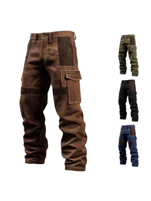 Mens Corduroy Patchwork Cargo Pants Vintage Multi Pocket Straight Leg Casual Work Trousers