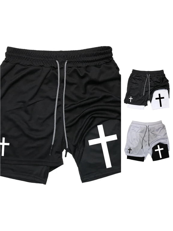 Mens Cross Print Double Layer Athletic Workout Shorts Drawstring Waist Quick Dry Gym Running Sports Shorts