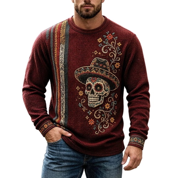 XIAOCHA Mens Day Of The Dead Long Sleeve Crew Neck T‑Shirt Floral Sugar Skull Sombrero Print Knit Tees