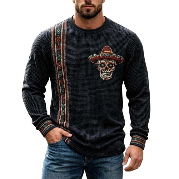 XIAOCHA Mens Day Of The Dead Long Sleeve Crew Neck T‑Shirt Geometric Stripe Sugar Skull Sombrero Print Knit Tees