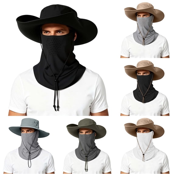 XIAOCHA Mens Detachable‑Mask Boonie Hat Solid Sun Hat Outdoor Wide‑Brim Hat,OTHER2