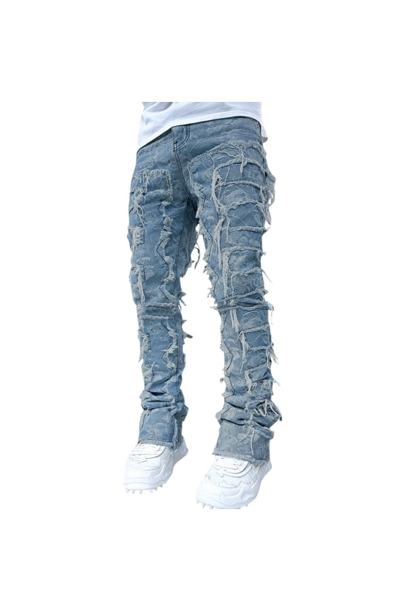 Mens Distressed Fringe Jeans Flare Full Length Mid Rise Denim Pants Durable Streetwear Urban Casual Stacked Jeans