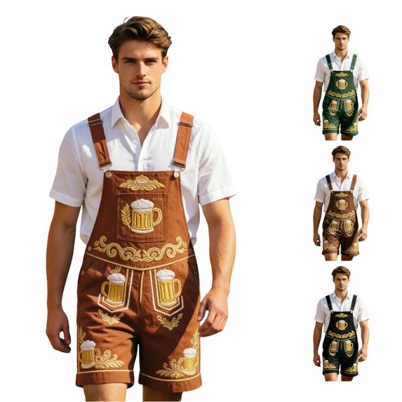 XIAOCHA Mens Dual Mug Embroidery Lederhosen Adjustable Strap Shorts Oktoberfest Party Pants,Orange,Sizes S