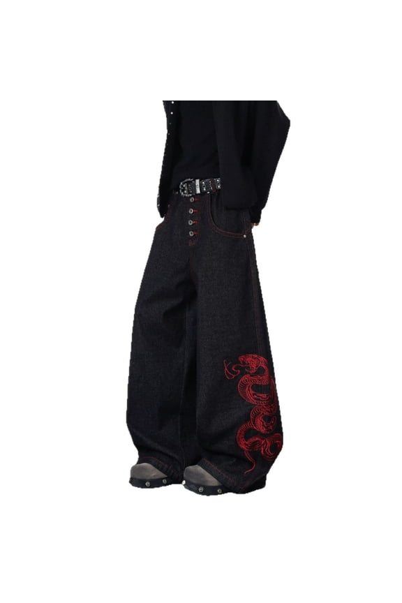 Mens Embroidered Snake Wide Leg Jeans Button Fly Baggy Streetwear Denim Pants