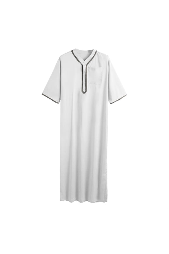 Mens Ethnic Trim Kaftan Thobe Henley Neck Short Sleeve Loose Fit Casual Robe