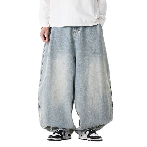 XIAOCHA Mens Faded Wash Denim Pant Super Baggy Full Length High Waist Jean Durable Vintage Street Pants