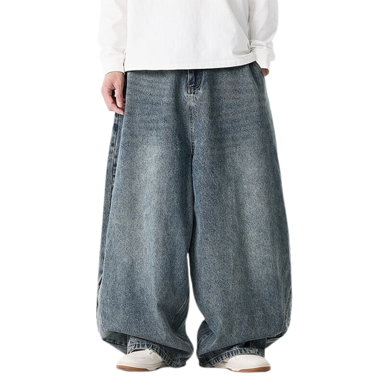 XIAOCHA Mens Faded Wash Denim Pant Super Baggy Full Length High