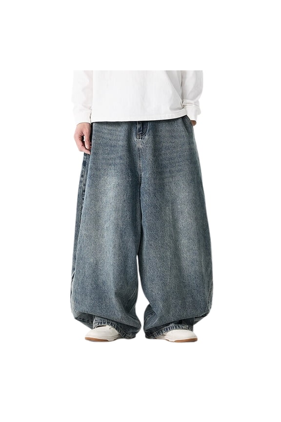 Mens Faded Wash Denim Pant Super Baggy Full Length High Waist Jean Durable Vintage Street Pants