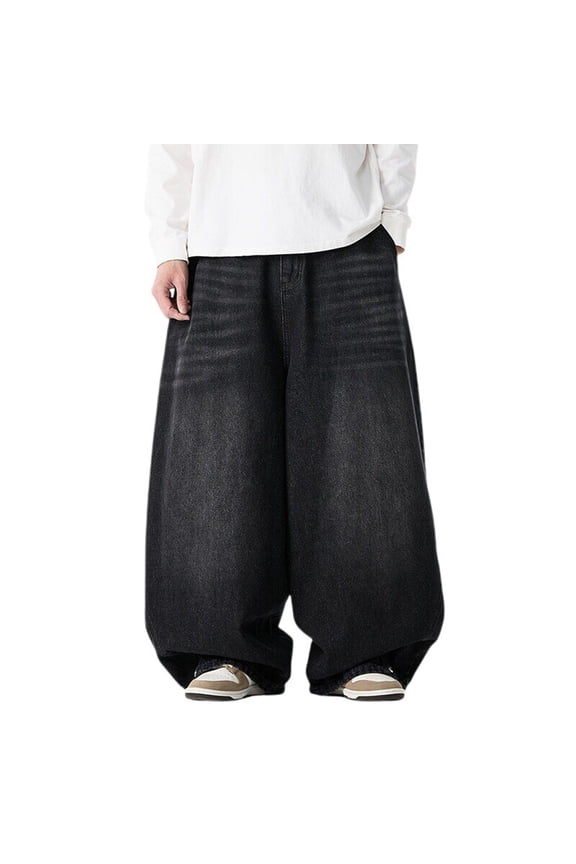 Mens Faded Wash Denim Pant Super Baggy Full Length High Waist Jean Durable Vintage Street Pants