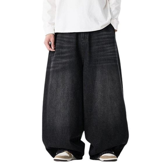XIAOCHA Mens Faded Wash Denim Pant Super Baggy Full Length High Waist Jean Durable Vintage Street Pants