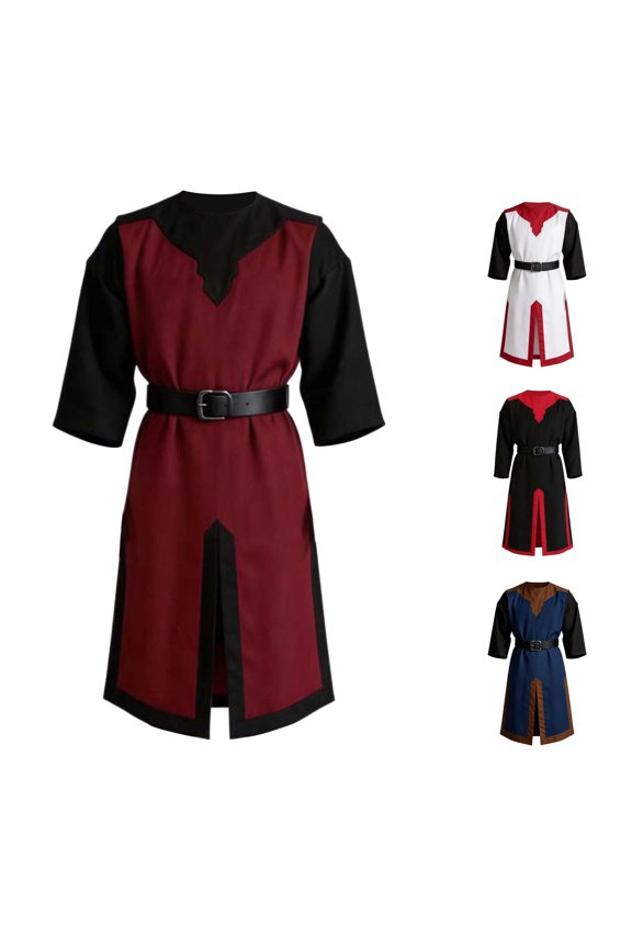 Mens Fantasy Warrior Theme Long Tunic Belted Waist Split Front Fantasy Party Long Robe