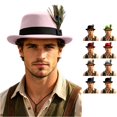 thumbnail image 1 of XIAOCHA Mens Feather‑Accent Fedora Hat Short‑Brim Western Hat Party Headwear,Pink, 1 of 4