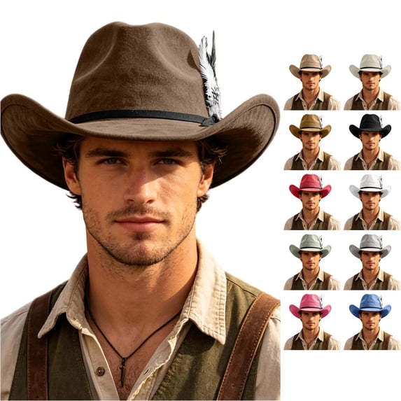 XIAOCHA Mens Feather‑Trim Cowboy Hat Solid Wide‑Brim Hat Rodeo Festival Hat,Brown