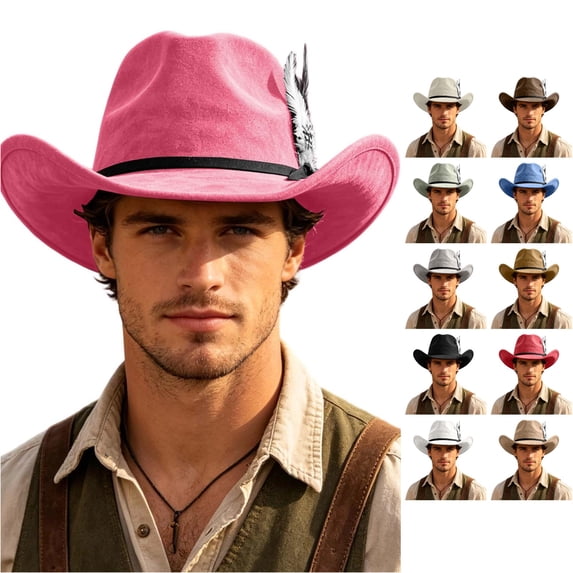 XIAOCHA Mens Feather‑Trim Cowboy Hat Solid Wide‑Brim Hat Rodeo Festival Hat,Hot Pink
