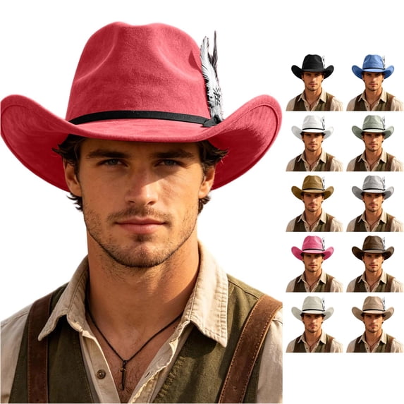 XIAOCHA Mens Feather‑Trim Cowboy Hat Solid Wide‑Brim Hat Rodeo Festival Hat,Wine