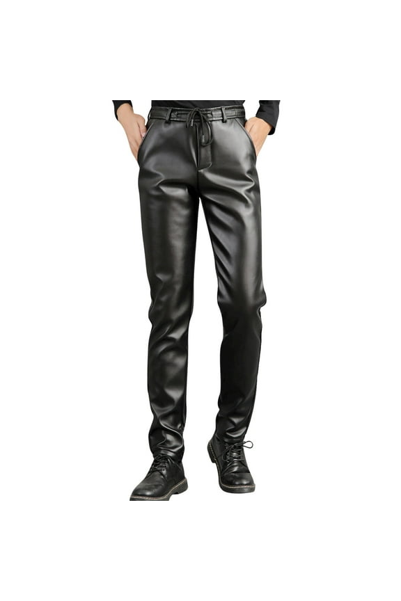 Mens Glossy Faux Leather Pants Pu Slim Fit Belt Straight Pants Stretchy Comfy Outdoor Biker PantsC30/M