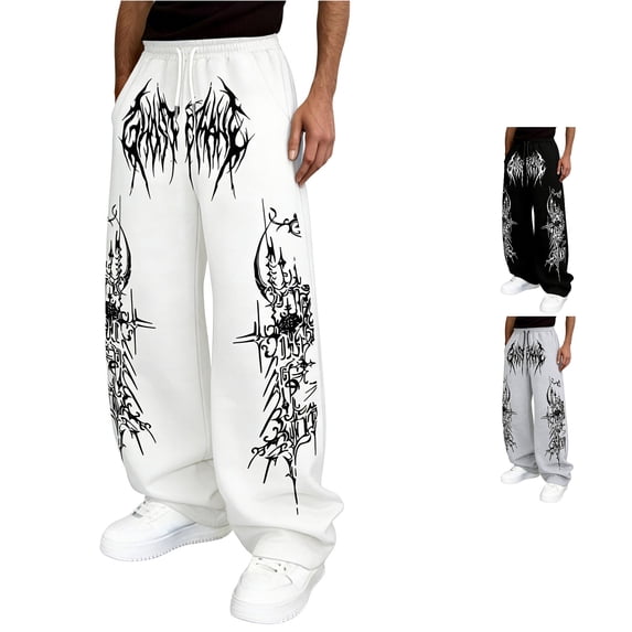 XIAOCHA Mens Gothic Wide Leg Sweatpants Drawstring Waist Side Pockets Streetwear Trousers