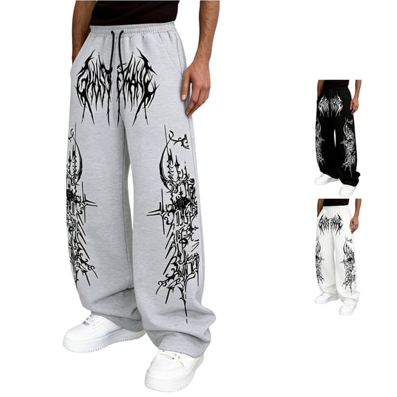 XIAOCHA Mens Gothic Wide Leg Sweatpants Drawstring Waist Side Pockets Streetwear Trousers