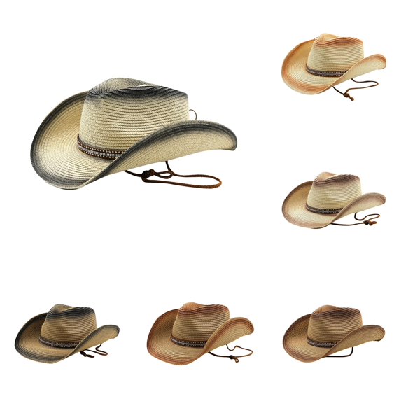 XIAOCHA Mens Gradient‑Weave Rivet‑Trim Cowboy Hat Chin‑Strap Western Hats Horse‑Riding Travel Straw Cowboy Hat,Beige